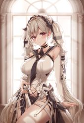 Rule 34 | 1girl, absurdres, arm rest, azur lane, bare shoulders, between breasts, bratja, breasts, choker, clothing cutout, collar, detached sleeves, dress, elbow gloves, feather dress, feathered wings, feathers, formidable (azur lane), formidable (timeless classics) (azur lane), garter straps, gloves, hair ornament, hand on own hip, highres, large breasts, maid headdress, navel, navel cutout, necktie, necktie between breasts, official alternate costume, red eyes, sailor collar, sailor dress, see-through, see-through silhouette, solo, twintails, white dress, white hair, wings