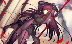 Rule 34 | 1girl, bodysuit, breasts, fate/grand order, fate (series), highres, kauto, large breasts, long hair, petals, polearm, purple bodysuit, purple hair, red eyes, scathach (fate), scathach (fate), solo, spear, weapon