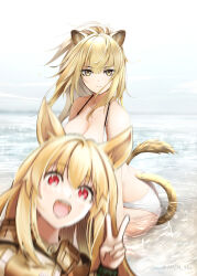 Rule 34 | 2girls, alternate costume, animal ears, arknights, beach, bikini, breasts, brown eyes, brown hair, ceobe (arknights), cleavage, collarbone, commentary request, dog ears, dog girl, large breasts, lion ears, lion girl, lion tail, long hair, looking at viewer, motion blur, multiple girls, ocean, open mouth, outdoors, photobomb, red eyes, siege (arknights), smile, swimsuit, tail, v, water, white bikini, yokaze (yokajie)