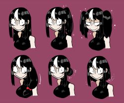 Rule 34 | +++, 1girl, alternate hairstyle, arrow (symbol), bare shoulders, black hair, bow, breasts, closed mouth, commentary, english commentary, hair bow, hair bun, jitome, large breasts, long hair, multicolored hair, multiple views, noss (rariatto), original, ponytail, rariatto (ganguri), red background, red bow, ribbed sweater, sanpaku, short hair, simple background, single hair bun, smile, sweater, twintails, two-tone hair