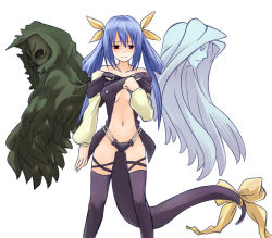 Rule 34 | 1girl, arc system works, asymmetrical wings, bare shoulders, blue hair, blush, bow, breasts, choker, cleavage, dizzy (guilty gear), guilty gear, guilty gear x, guilty gear xx, hair bow, hand on own chest, large breasts, long hair, miyo (ranthath), navel, necro (guilty gear), red eyes, ribbon, skull, solo, tail, tail ornament, tail ribbon, thighhighs, twintails, underboob, undine (guilty gear), wings