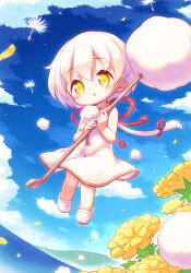 1girl :o aikei_ake bare_arms bare_shoulders blue_sky blush chibi cloud commentary_request day dress floating flower full_body hair_between_eyes holding looking_at_viewer mimikaki mini_person minigirl original outdoors parted_lips personification shoes short_hair sky sleeveless sleeveless_dress solo white_dress white_footwear white_hair yellow_eyes yellow_flower