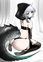 Rule 34 | 1girl, absurdres, arknights, ass, bandeau, bare shoulders, black gloves, black panties, black thighhighs, closed mouth, crocodilian tail, elbow gloves, expressionless, from behind, gloves, green eyes, highres, hood, large tail, looking back, no shoes, panties, pointy ears, sbgu, shoulder blades, sitting, solo, strapless, tail, thighhighs, tomimi (arknights), torn clothes, torn thighhighs, tube top, underwear, wariza, white hair