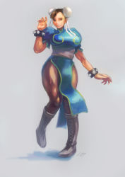 Rule 34 | 1girl, bad id, bad pixiv id, bayashiko, bracelet, breasts, brown hair, bun cover, capcom, china dress, chinese clothes, chun-li, curvy, double bun, dress, earrings, full body, highres, jewelry, large breasts, pantyhose, pelvic curtain, sash, see-through, see-through legwear, short hair, solo, spiked bracelet, spikes, standing, street fighter