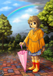 Rule 34 | 1girl, after rain, blue skirt, blue sky, boots, brown eyes, brown hair, closed mouth, cloud, commentary request, dated, day, full body, looking at viewer, original, poncho, rain, rainbow, red footwear, rubber boots, short hair, signature, skirt, sky, smile, solo, standing, tree, two-tone footwear, umbrella, water, yellow footwear, yukiman