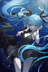 Rule 34 | 1girl, bare shoulders, black dress, black ribbon, blue eyes, blue hair, breasts, bubble, cleavage, commentary request, covering own ears, dress, facing viewer, feet out of frame, hair ribbon, hatsune miku, highres, long hair, looking down, murumuru (pixiv51689952), open mouth, ribbon, shinkai shoujo (vocaloid), sleeveless, sleeveless dress, small breasts, solo, tearing up, twintails, underwater, very long hair, vocaloid