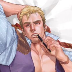 Rule 34 | 1boy, alternate facial hair, bara, cody travers, cropped, dakimakura (object), facial hair, final fight, formal, goatee, holding, holding pen, large pectorals, long sideburns, looking at viewer, lying, male focus, muscular, muscular male, on back, pectoral cleavage, pectorals, pen, pen to mouth, pillow, seductive smile, shirt, short hair, sideburns, smile, solo, striped clothes, striped shirt, stubble, thick eyebrows, upper body, vest, zonknuckle