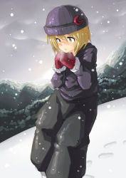 Rule 34 | 1girl, blonde hair, cloud, cold, female focus, harusame (unmei no ikasumi), highres, lunasa prismriver, mittens, outdoors, plant, sky, snow, solo, standing, touhou