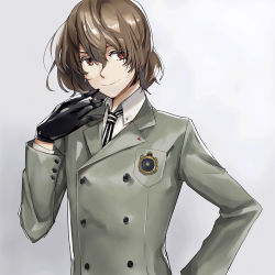 Rule 34 | 10s, 1boy, akechi gorou, black gloves, brown hair, gloves, grey background, grey blazer, hair between eyes, hand on own hip, houhou (black lack), looking to the side, male focus, necktie, persona, persona 5, red eyes, school uniform, short hair, simple background, smile, solo, striped necktie, striped neckwear, upper body, vertical-striped clothes, vertical-striped necktie, vertical-striped neckwear