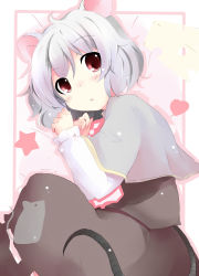 Rule 34 | 1girl, animal ears, blush, capelet, dress, female focus, gradient background, grey dress, grey hair, heart, lying, mouse (animal), mouse ears, mouse tail, nazrin, on side, open mouth, red eyes, shichinose, shirt, short hair, solo, tail, touhou, white background