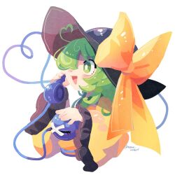 Rule 34 | 1girl, :d, ahoge, black hat, bow, commentary, corded phone, cropped torso, frilled sleeves, frills, from side, green eyes, green hair, hat, hat bow, heart, heart of string, highres, holding, holding phone, komeiji koishi, long hair, long sleeves, mame komari, open mouth, phone, shirt, simple background, smile, solo, third eye, touhou, twitter username, white background, wide sleeves, yellow bow, yellow shirt