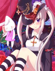 Rule 34 | 00s, 1girl, benika, blush, chain, dress, flower, hair ornament, hat, highres, looking at viewer, maplestory, mole, mole under eye, orchid (maplestory), pink dress, pumpkin, purple eyes, rabbit hair ornament, rabbit puppet, red ribbon, ribbon, smile, socks, solo, striped clothes, striped legwear, striped socks, top hat, twintails, white hair