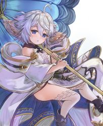 Rule 34 | 1girl, :o, ahoge, bare shoulders, black footwear, blue eyes, blue umbrella, blush, boots, commentary, dress, english commentary, granblue fantasy, grey hair, hair between eyes, highres, hikari niji, holding, holding umbrella, parted lips, simple background, sleeveless, sleeveless dress, solo, thighhighs, thighhighs under boots, umbrella, wamdus (granblue fantasy), white background, white dress, white thighhighs