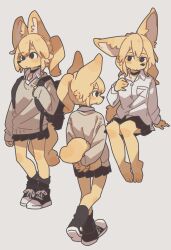 Rule 34 | 1girl, :/, :|, animal ear fluff, animal ears, animal nose, ankle socks, arm at side, arm support, arms behind back, backpack, bag, barefoot, black bag, black choker, black eyes, black footwear, black skirt, black socks, blonde hair, blush, body fur, breast pocket, choker, clenched hands, closed mouth, collared shirt, commentary, crossed ankles, crossed wrists, dress shirt, english commentary, expressionless, fox ears, fox girl, fox tail, from behind, from side, full body, furry, furry female, grey background, grey sweater, hair between eyes, hair down, hair up, hand on own chest, hand up, heel up, highres, holding strap, invisible chair, long hair, long sleeves, looking at viewer, looking away, multiple views, open collar, original, pleated skirt, pocket, ponytail, profile, puffy long sleeves, puffy sleeves, school uniform, shirt, shoelaces, shoes, simple background, sitting, skirt, sleeves past wrists, sneakers, snout, socks, standing, sweater, tail, tiptoes, white shirt, wing collar, yagi (s1120411), yellow fur, yellow tail