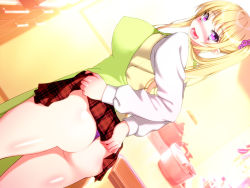 Rule 34 | 1girl, apron, ass, blonde hair, blush, breasts, clothes lift, dutch angle, embarrassed, eyebrows, flashing, highres, huge breasts, indoors, kitchen, legs, lifting own clothes, long hair, long sleeves, looking at viewer, looking back, miniskirt, nabesekizaiten, open mouth, original, panties, pink eyes, plaid, plaid skirt, purple panties, school uniform, sideboob, skirt, skirt lift, solo, standing, sweater, sweater vest, thighs, thong, twintails, underwear