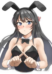 Rule 34 | 1girl, :&lt;, animal ears, bare arms, bare shoulders, black bow, black bowtie, black hair, black leotard, blue eyes, bow, bowtie, breasts, cleavage, closed mouth, collarbone, commentary request, detached collar, embarrassed, fake animal ears, forehead, hair ornament, highres, index finger raised, leotard, light blush, long hair, looking at viewer, medium breasts, mori heichi, official alternate costume, playboy bunny, rabbit hair ornament, sakurajima mai, seishun buta yarou, simple background, solo, strapless, strapless leotard, toned, upper body, white background, wrist cuffs, x, x fingers