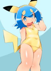 Rule 34 | 1girl, abarai (abarabone), alternate costume, animal ears, bare shoulders, blue background, blue hair, blush, breasts, child, collarbone, cosplay, covered navel, creatures (company), fake animal ears, female focus, game freak, gen 1 pokemon, hair ornament, hairband, hairclip, hand up, highres, jpeg artifacts, lana (pokemon), light blush, looking at viewer, matching hair/eyes, nintendo, one-piece swimsuit, open mouth, pikachu, pikachu (cosplay), pikachu tail, pokemon, pokemon sm, pokemon tail, shiny clothes, shiny skin, short hair, simple background, small breasts, smile, solo, standing, swimsuit, tail, trial captain, yellow hairband, yellow one-piece swimsuit