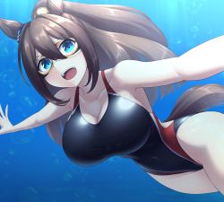 Rule 34 | 1girl, animal ears, black one-piece swimsuit, blue eyes, breasts, brown hair, competition swimsuit, cowboy shot, domino mask, el condor pasa (umamusume), freediving, highres, horse ears, horse girl, horse tail, large breasts, long hair, looking at viewer, mask, one-piece swimsuit, open mouth, outstretched arms, pataneet, solo, swimsuit, tail, teeth, umamusume, underwater, upper teeth only
