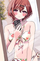 Rule 34 | 1girl, atto silia, bikini, blush, breasts, brown hair, cellphone, curtains, floral print, hair ornament, hairclip, highres, higuchi madoka, holding, holding phone, idolmaster, idolmaster shiny colors, looking at mirror, medium breasts, mirror, mole, mole under eye, navel, phone, plant, potted plant, purple eyes, selfie, short hair, smartphone, solo, sunlight, sweatdrop, swimsuit