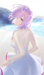 Rule 34 | 1girl, bare shoulders, breasts, dmith, dress swimsuit, fate/grand order, fate (series), hair over one eye, highres, large breasts, light purple hair, looking at viewer, looking back, mash kyrielight, mash kyrielight (swimsuit of perpetual summer), official alternate costume, one-piece swimsuit, purple eyes, short hair, smile, swimsuit, thighs, white one-piece swimsuit