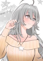 Rule 34 | 1girl, 9610 (kuroto), ahoge, artist name, dated, grey eyes, grey hair, highres, jewelry, kantai collection, long hair, looking to the side, necklace, off-shoulder sweater, off shoulder, one-hour drawing challenge, pendant, solo, star (symbol), starry background, sweater, twitter username, upper body, washington (kancolle)