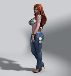Rule 34 | 1girl, 3d, arm behind back, ass, bangle, bikini, bikini top only, bracelet, breasts, denim, female focus, high heels, highres, jeans, jewelry, large breasts, lips, log pose, long hair, looking at viewer, midriff, nami (one piece), one piece, open shoes, orange hair, pants, sabaody archipelago, sandals, shirosakki, sideboob, simple background, solo, swimsuit, tattoo