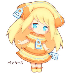 Rule 34 | 1girl, aikei ake, blonde hair, blue eyes, brown dress, chibi, dress, full body, highres, leaning to the side, looking at viewer, original, parted lips, personification, shoes, simple background, solo, standing, translation request, white background, yellow dress, yellow footwear, yellow headwear, zipper pull tab