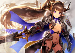 Rule 34 | 1girl, armor, black panties, black thighhighs, blush, breasts, breasts apart, brown hair, building, cape, cowboy shot, day, faulds, floating hair, fur collar, garter straps, gauntlets, glint, gluteal fold, hair ornament, holding, holding sword, holding weapon, horns, long hair, looking at viewer, medium breasts, navel, ogino (oginogino), original, outstretched arm, panties, pauldrons, pointy ears, ponytail, purple eyes, revealing clothes, shoulder armor, sidelocks, solo, standing, sword, thighhighs, underboob, underwear, v-shaped eyebrows, very long hair, weapon, wind