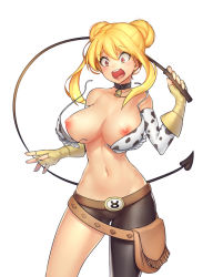 Rule 34 | 1girl, :o, animal print, bell, neck bell, belt, blonde hair, breasts, collar, cow print, cow tail, fairy tail, large breasts, long hair, lucy heartfilia, nipples, open mouth, scaverle (mao), simple background, solo, tail, thighs, twintails, wardrobe malfunction, whip, white background