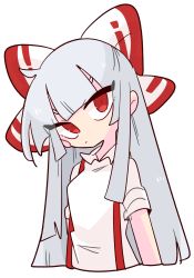 Rule 34 | 1girl, blush, bow, breasts, closed mouth, collared shirt, commentary request, eyelashes, eyes visible through hair, fujiwara no mokou, grey hair, highres, long hair, looking to the side, medium breasts, multicolored bow, op na yarou, red bow, red eyes, shirt, short sleeves, sidelocks, simple background, solo, touhou, upper body, white background, white bow, white shirt