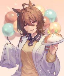 Rule 34 | 1girl, agnes tachyon (umamusume), ahoge, animal ears, balloon, black necktie, black shirt, botantouki, brown hair, coat, commentary request, earrings, highres, holding, holding plate, horse ears, horse girl, jewelry, lab coat, messy hair, necktie, open clothes, open coat, open mouth, plate, red eyes, shirt, single earring, sleeves past fingers, sleeves past wrists, smile, solo, sweater, umamusume, upper body, white coat, yellow sweater