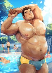 Rule 34 | 2girls, 4boys, armpit hair, armpits, bara, beard stubble, blue sky, brown hair, bulge, chest hair, facial hair, goatee, highres, large pectorals, male focus, male swimwear, multiple boys, multiple girls, muscular, muscular male, navel hair, one eye closed, original, pectorals, pool, poolside, presenting armpit, short hair, sideburns, sky, stretching, stubble, suamaru, swim briefs, swimming, thick eyebrows, thick thighs, thighs, topless male, wet