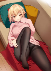 Rule 34 | 1girl, ahoge, alternate costume, black panties, black pantyhose, blonde hair, blush, bow, breasts, closed mouth, couch, danimaru, fate/grand order, fate (series), feet, half updo, highres, knee up, koha-ace, legs, long sleeves, looking at viewer, lying, okita souji (fate), okita souji (koha-ace), on back, panties, panties under pantyhose, pantyhose, pillow, pink sweater, red bow, ribbed sweater, sleeves past wrists, smile, solo, sweater, thighs, underwear, yellow eyes