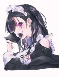Rule 34 | arms note, bare shoulders, black hair, breasts, close-up, dress, earrings, frilled dress, frills, fukai ryosuke, highres, id card, jewelry, looking at viewer, maid headdress, mask, mask pull, medium breasts, mine laying maid, mouth hold, mouth mask, multicolored hair, purple eyes, sharp teeth, solo, teeth, two side up, white background