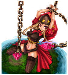 Rule 34 | 1girl, blonde hair, breasts, chain, hood, impossible clothes, impossible shirt, long hair, midriff, odin sphere, pink eyes, pondel, shirt, skinny, slender, solo, star (symbol), thighhighs, velvet (odin sphere)