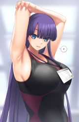 Rule 34 | 1girl, ?, armpits, arms behind head, arms up, bare shoulders, black one-piece swimsuit, blue eyes, blush, breasts, competition swimsuit, fate/grand order, fate (series), gachou, highres, id card, lanyard, large breasts, long hair, looking at viewer, one-piece swimsuit, purple hair, martha (fate), spoken question mark, straight hair, swimsuit