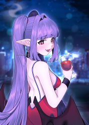 Rule 34 | 1girl, absurdres, blunt bangs, blurry, blurry background, detached collar, hair intakes, heart, heart-shaped pupils, highres, kumaartsu, long hair, looking at viewer, open mouth, original, purple hair, red eyes, sidelocks, sleeveless, solo, symbol-shaped pupils, twintails, white background, wings