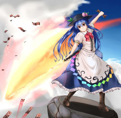Rule 34 | &gt;:), 1girl, blue hair, boots, bow, butter curry, cloud, danmaku, dress, dress shirt, fire, flat chest, flying, food, food on head, fruit, fruit on head, hat, highres, hinanawi tenshi, keystone, knee boots, layered dress, long dress, long hair, object on head, ofuda, peach, red eyes, sash, shirt, sky, solo, sword of hisou, touhou, v-shaped eyebrows, very long hair