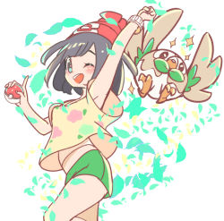 Rule 34 | 1girl, arm up, armpits, beak, beanie, bird, black eyes, black hair, blush, bracelet, chorimokki, creatures (company), from side, game freak, gen 7 pokemon, green eyes, green shorts, hand up, happy, hat, jewelry, jpeg artifacts, looking at viewer, looking to the side, nintendo, one eye closed, open mouth, poke ball, pokemon, pokemon (creature), pokemon sm, red headwear, rowlet, selene (pokemon), shirt, short hair, short sleeves, shorts, simple background, smile, standing, teeth, undershirt, white background, wings, wink, yellow shirt