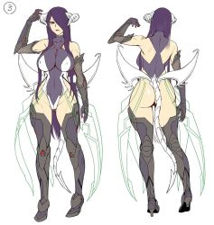 Rule 34 | 1girl, ass, bare shoulders, boots, breasts, character sheet, covered navel, curvy, demon girl, demon horns, demon tail, demon wings, elbow gloves, covered erect nipples, female focus, fishnets, fuuma saika, gloves, highleg, highleg leotard, hip focus, horns, impossible clothes, impossible leotard, large breasts, leotard, lilith-soft, long hair, looking at viewer, nipples, purple hair, red eyes, simple background, solo, standing, demon girl, sweat, tail, taimanin (series), taimanin asagi kessen arena, thighhighs, thighs, white background, wings, zol