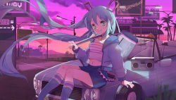 Rule 34 | 1girl, aqua eyes, arm support, bag, blue hair, blue jacket, blue skirt, blue socks, blush, boombox, building, car, closed mouth, cloud, commentary request, crop top, duffel bag, hair between eyes, hatsune miku, headgear, holding strap, hood, hood down, hooded jacket, jacket, kneehighs, lamppost, long hair, long sleeves, looking at viewer, midriff, motor vehicle, navel, neon lights, open clothes, open jacket, outdoors, palm tree, pink sky, power lines, shadowsinking, shirt, sitting, skirt, sky, sleeves past wrists, smile, socks, solo, striped clothes, striped shirt, tree, twintails, utility pole, very long hair, vocaloid