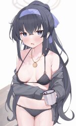 Rule 34 | 1girl, absurdres, bikini, black bikini, black hair, blue archive, blue hairband, blush, breasts, breasts apart, commentary request, cowboy shot, crossed bangs, cup, grey eyes, grey halo, grey jacket, hairband, halo, highres, holding, holding cup, jacket, jewelry, long hair, looking at viewer, necklace, off shoulder, official alternate costume, open mouth, ponytail, sidelocks, simple background, sleeves past wrists, small breasts, solo, swimsuit, toki (1243309499), ui (blue archive), ui (swimsuit) (blue archive), very long hair, white background