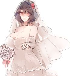 Rule 34 | 1girl, alternate costume, bad id, bad twitter id, bare shoulders, blush, bouquet, breasts, bridal gauntlets, bridal veil, bura, cleavage, collarbone, commentary request, curvy, dress, flower, hair between eyes, happy, highres, hip focus, huge breasts, jewelry, looking at viewer, necklace, nose blush, purple hair, red eyes, ring, short hair, simple background, sketch, smile, solo, tearing up, touhou, veil, wedding band, wedding dress, white background, white dress, white flower, yasaka kanako