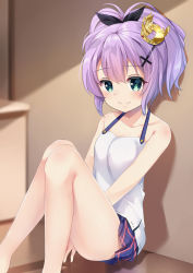 Rule 34 | 1girl, azur lane, bare arms, bare legs, bare shoulders, barefoot, black ribbon, blurry, blurry background, blush, breasts, camisole, closed mouth, collarbone, commentary, crown, depth of field, feet out of frame, green eyes, hair between eyes, hair ornament, hair ribbon, high ponytail, ikazu401, indoors, javelin (azur lane), looking at viewer, mini crown, pleated skirt, ponytail, purple hair, putit, ribbon, sitting, skirt, small breasts, smile, solo, thighs, tilted headwear, white camisole