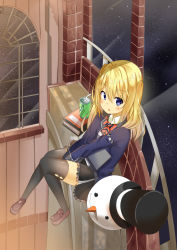 Rule 34 | 1girl, absurdres, ahoge, bendy straw, between legs, black skirt, black thighhighs, blonde hair, blue eyes, blue jacket, blue shirt, book, bow, bowtie, brick, brown footwear, building, can, chaakusu, character request, commentary request, drinking straw, emblem, eyebrows, foot dangle, frilled skirt, frills, from above, from side, hair between eyes, hand between legs, hat, highres, jacket, knees together feet apart, loafers, long sleeves, looking at viewer, miniskirt, night, night sky, original, phantasy star, phantasy star online 2, railing, school uniform, shirt, shoes, sitting, skirt, sky, snowman, solo, star (sky), starry sky, striped bow, striped bowtie, striped clothes, striped neckwear, thighhighs, top hat, twintails, v arms, window, wing collar