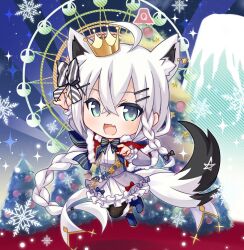 Rule 34 | 1girl, ahoge, animal ear fluff, animal ears, arm up, black pantyhose, blush, bow, braid, braided ponytail, capelet, chibi, christmas tree, commentary request, crown, dress, earrings, extra ears, fang, fox ears, fox girl, fox tail, fur-trimmed capelet, fur trim, green eyes, hair between eyes, hair bow, hanatsumi, highres, hololive, jewelry, long hair, looking at viewer, mini crown, open mouth, pantyhose, pentagram, red capelet, shirakami fubuki, sidelocks, single braid, skin fang, snowflakes, solo, tail, virtual youtuber, white dress, white hair