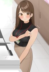 Rule 34 | 1girl, adjusting clothes, armpit crease, bare shoulders, black sweater, blush, breasts, brown eyes, brown hair, brown skirt, closed mouth, commentary request, dot nose, earrings, gradient eyes, highres, id card, indoors, jewelry, large breasts, long hair, looking at viewer, multicolored eyes, office, office lady, ol mahonanoka, original, printer, ribbed sweater, skirt, sleeveless, sleeveless sweater, sleeveless turtleneck, solo, sweat, sweater, swept bangs, tan, tanline, turtleneck, turtleneck sweater, yellow eyes