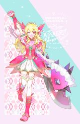 Rule 34 | 1girl, ;d, aikatsu!, aikatsu! (series), alternate costume, alternate headwear, arm up, axe, blonde hair, boots, clenched hand, copyright name, cross-laced clothes, crossover, flower, frills, full body, gloves, headdress, high collar, holding, holding axe, holding weapon, hoshimiya ichigo, lace trim, long hair, looking at viewer, monster hunter (series), nishihara isao, one eye closed, open mouth, pink flower, puffy short sleeves, puffy sleeves, red eyes, short sleeves, smile, solo, thighhighs, wavy hair, weapon