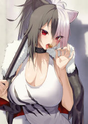 Rule 34 | 1girl, arknights, black choker, black hair, black jacket, black nails, blouse, blush, breasts, candy, choker, cleavage, commentary, commentary request, cosplay, food, highres, indie virtual youtuber, jacket, jacket on shoulders, large breasts, lollipop, long hair, looking at viewer, mole, mole under eye, multicolored hair, nail polish, open mouth, pink hair, ponytail, red eyes, satou daiji, shirt, siege (arknights), siege (arknights) (cosplay), solo, tail, towa (towa akqj10), upper body, virtual youtuber, white hair, white shirt