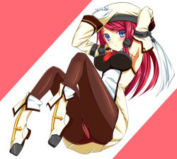 Rule 34 | 1girl, arc system works, beret, blazblue, blazblue: continuum shift, blue eyes, blush, boots, breasts, cosplay, cross, detached sleeves, dress, gloves, hair tubes, hat, hoshi (ho4 no), impossible clothes, long hair, military, military uniform, necktie, noel vermillion, noel vermillion (cosplay), panties, panties under pantyhose, pantyhose, pantyshot, red hair, short dress, sidelocks, solo, tsubaki yayoi, underwear, uniform, white gloves